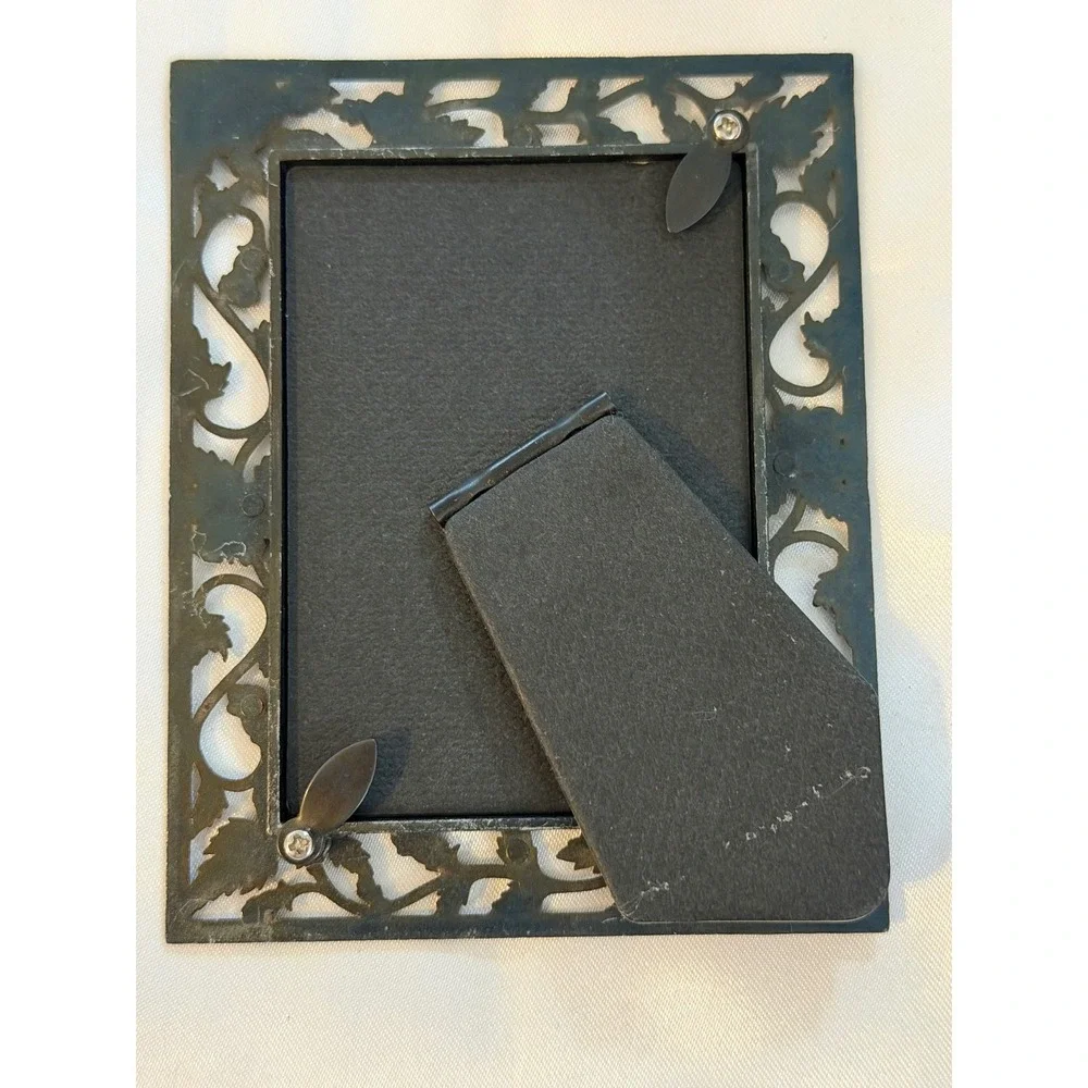 Vintage Pewter Tone Rose Filigree Double Photo Frame Floral 2x3 Horizontal